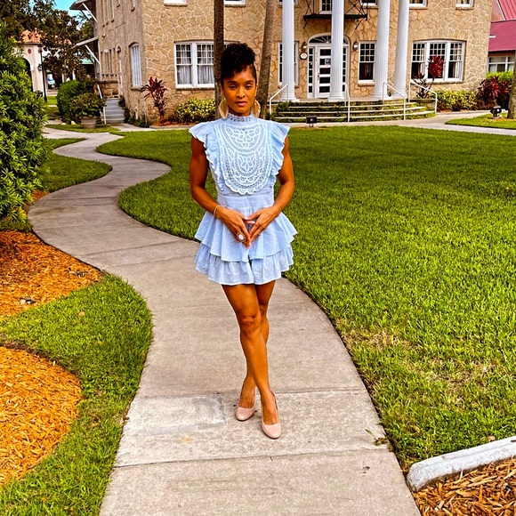 Saints + Secrets 
Size Small 
Baby blue ruffle romper 
100% cotton - Picture 1 of 4